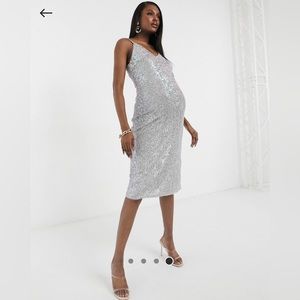 Jaded Rose Maternity Exclusive Sequin Cami Midi Dress in Iridescent Silver